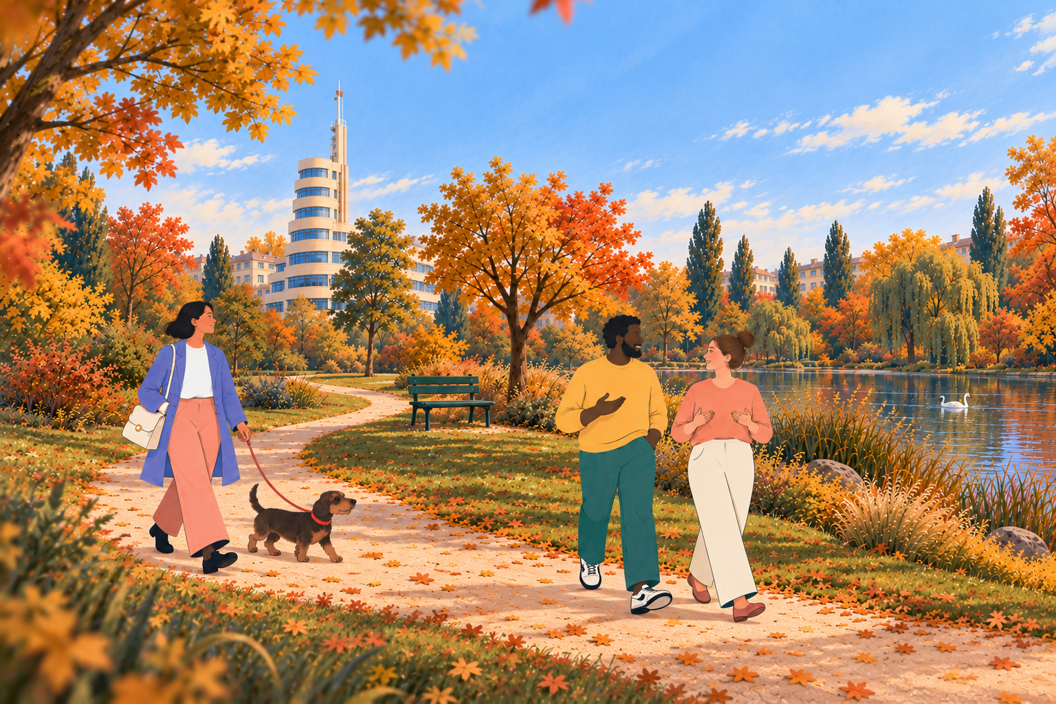 Wandelaars in de herfst bij de vijvers van Elsene, Brussel